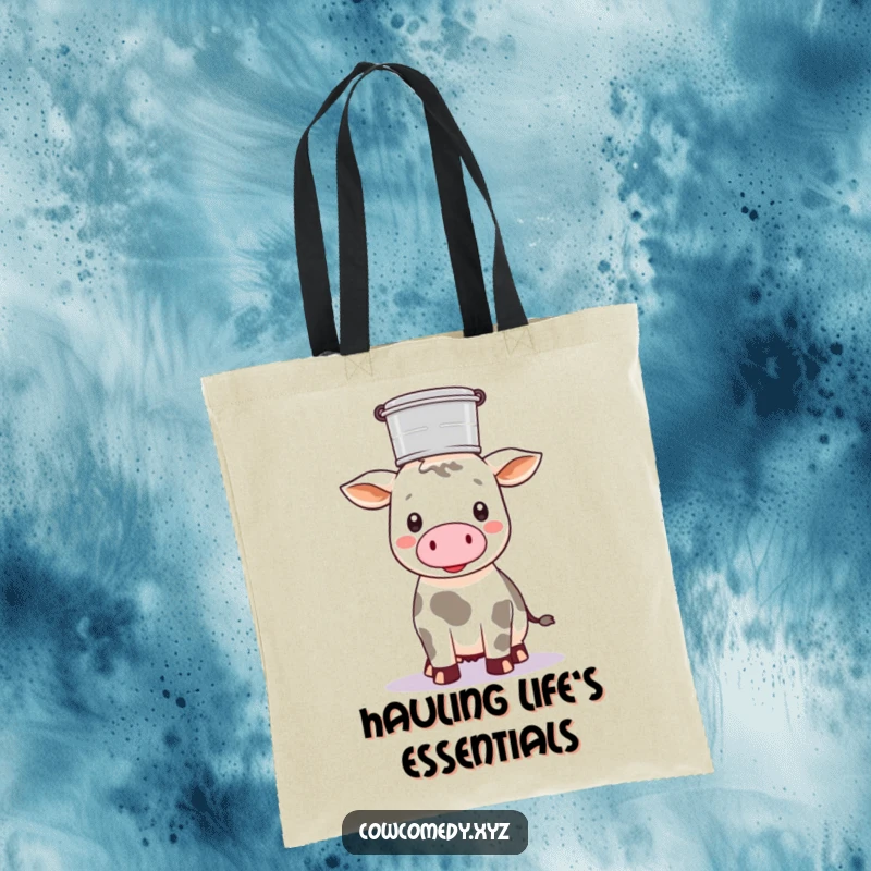 Funny Kawaii cow balancing a milk pail on its head, on a durable tote bag, for groceries.