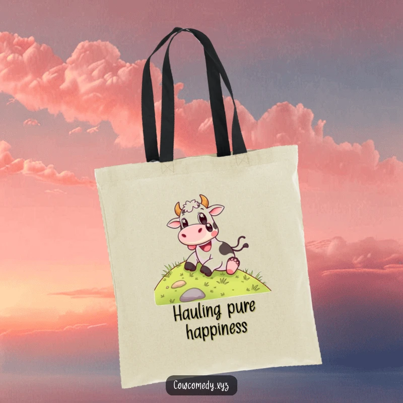 Funny Tote Bag: A happy cow sliding down a grassy hill with wide, delighted eyes, perfect for carrying items with joyful flair.