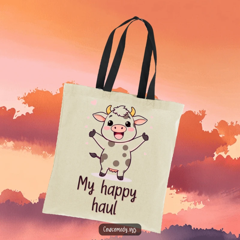 Funny tote bag with a Kawaii cow doing a joyous happy dance, its spots scattered playfully around it in motion.
