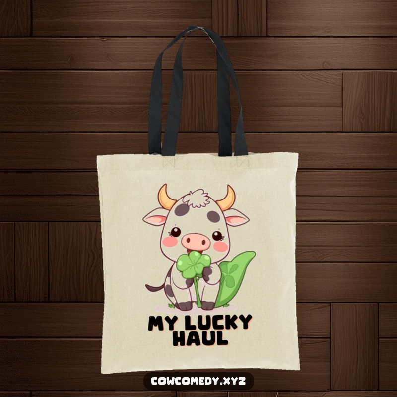 Funny Kawaii Cow Tote Bag showcasing a cute, happy cartoon cow eating a giant clover, perfect for carrying lucky finds.