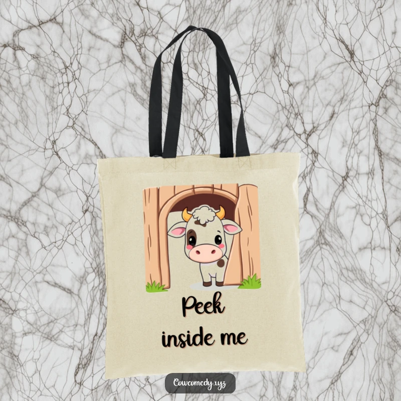Funny Kawaii Cow Tote Bag showcasing a cute cartoon cow peeking playfully from behind a barn door, ideal for everyday fun.