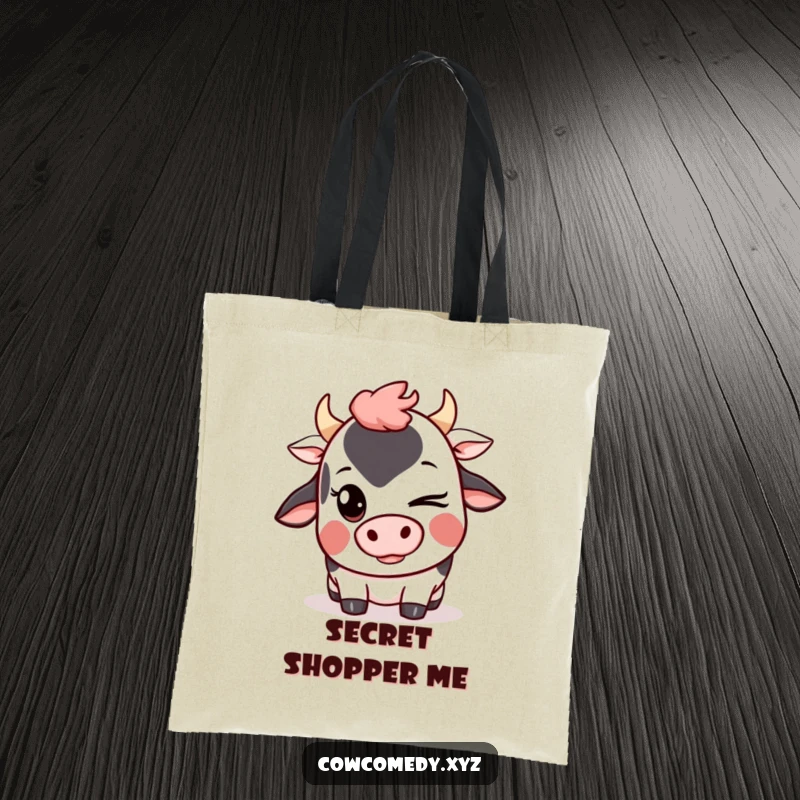Funny Kawaii Cow Tote Bag showcasing a cute cartoon cow winking with a mischievous grin, ideal for stylish shoppers.